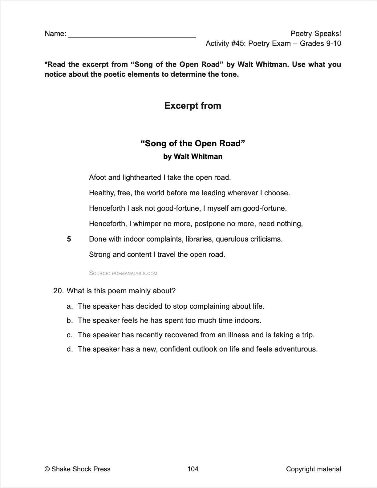 Poetry Speaks! Student Workbook: Study of Language Arts: The Poem - Grades 9-12